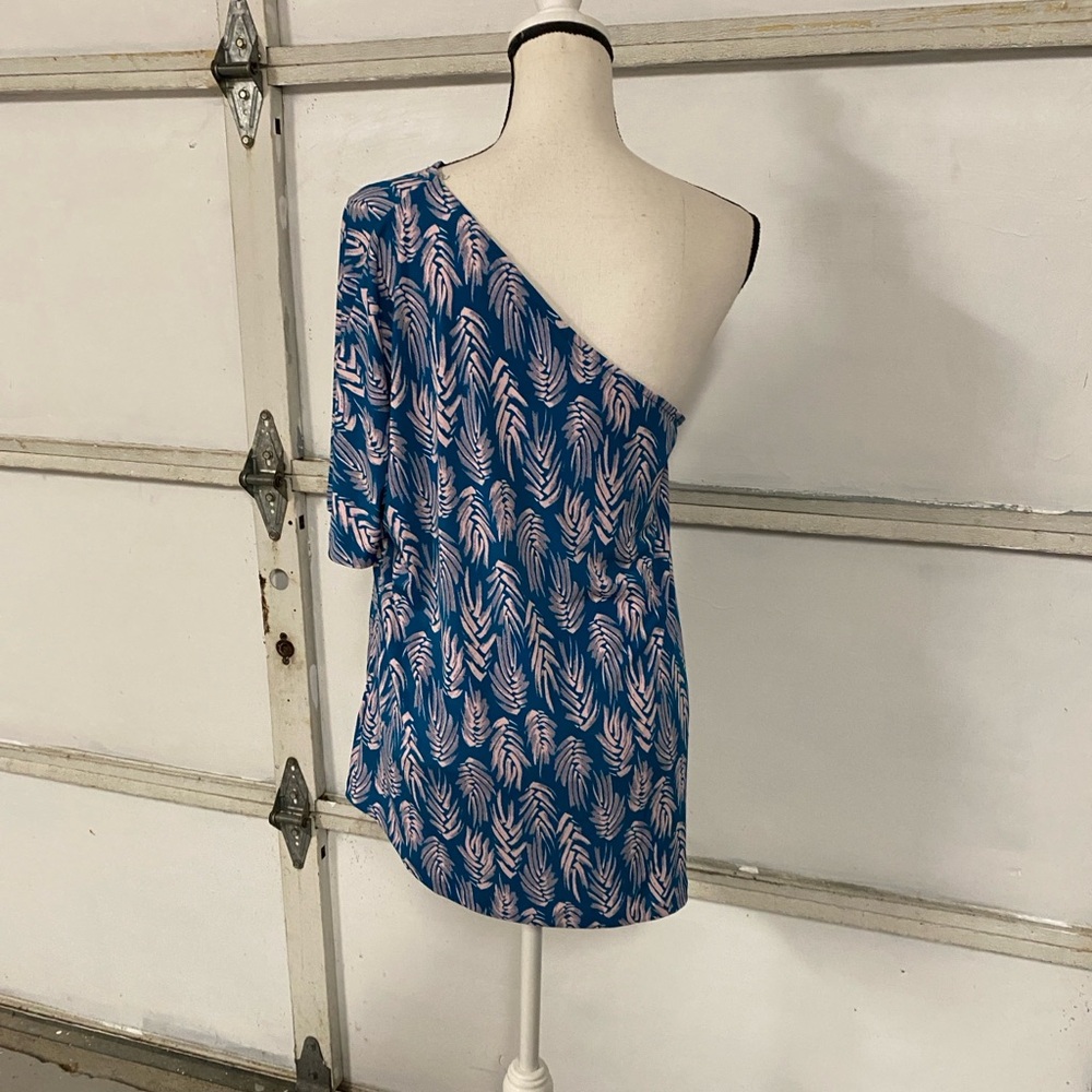 Leota turquoise green & pink & gray one shoulder top blouse shirt size 14 / 16 - Picture 3 of 16
